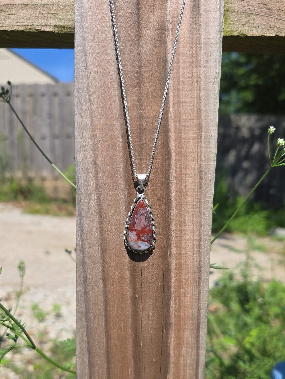 Vintage Sterling Silver Bloodstone Teardrop Necklace - Handcrafted